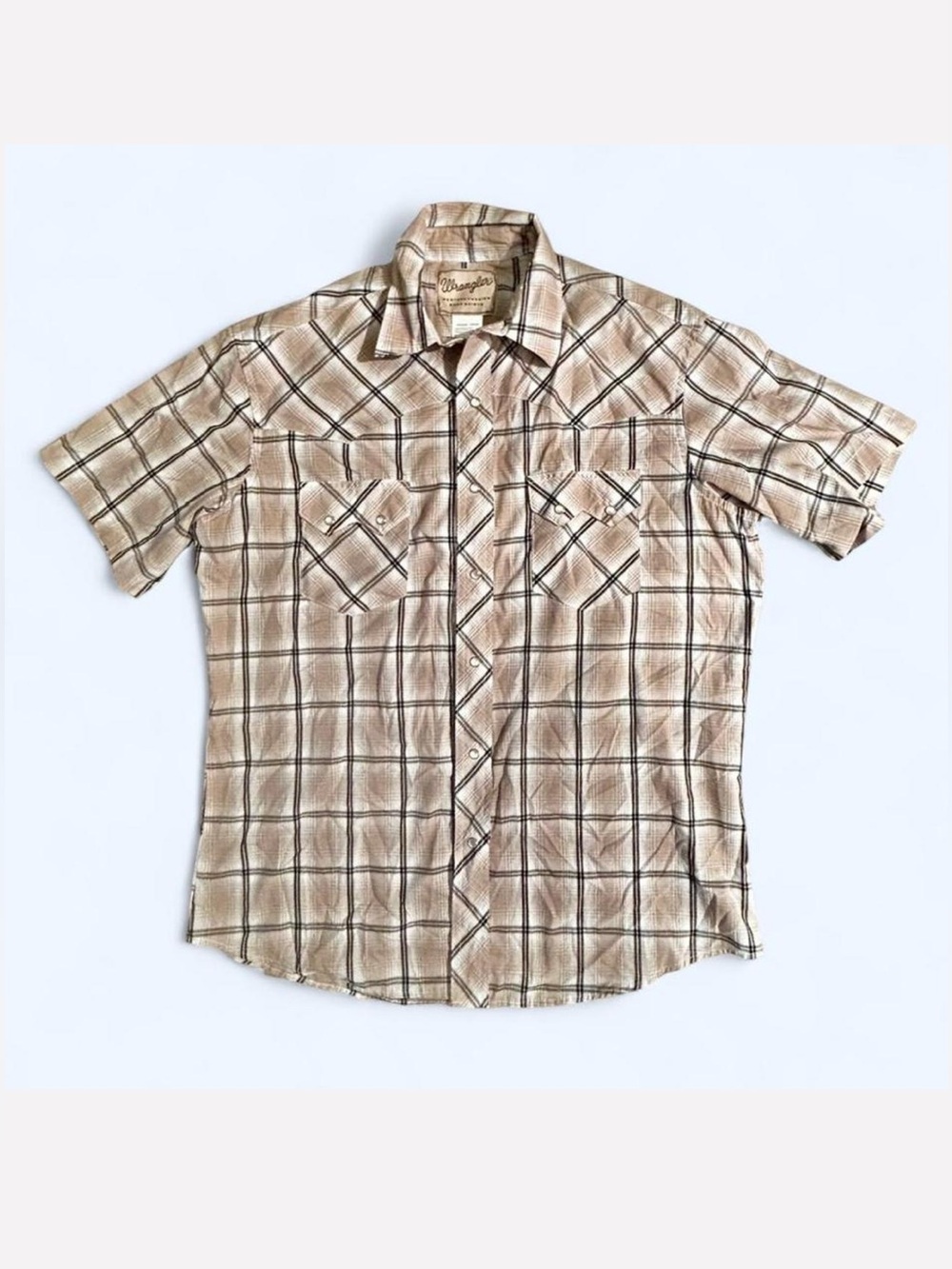 Wrangler Western Pearl Snap Beige Tan Plaid Shirt Large Cowboy Cowgirl Festival